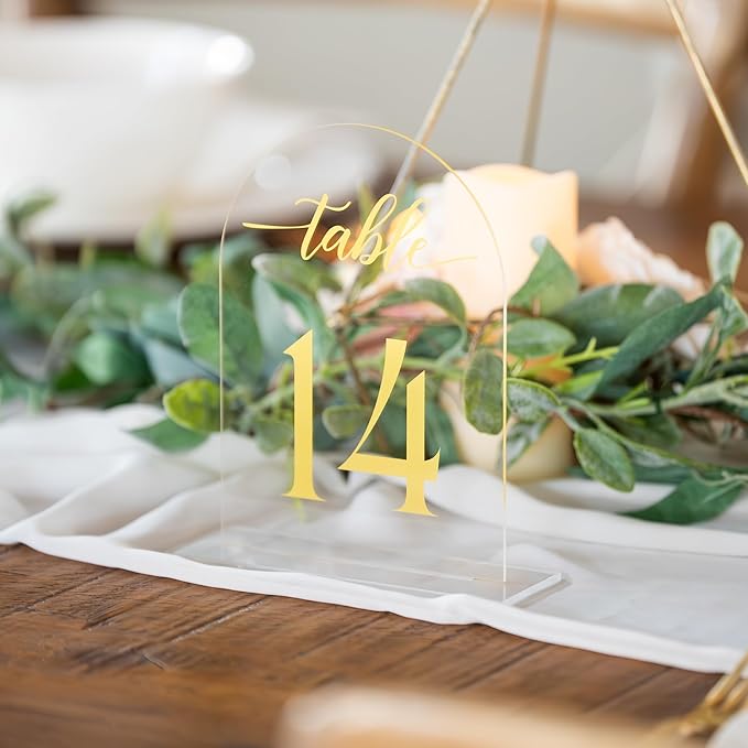 Clear Arch Acrylic Table Numbers for Wedding Reception - 5" x 7" Gold Font Centerpiece Set with Holder Stands & Head Table Sign - Anniversary, Event, Party, Wedding Set 1-20