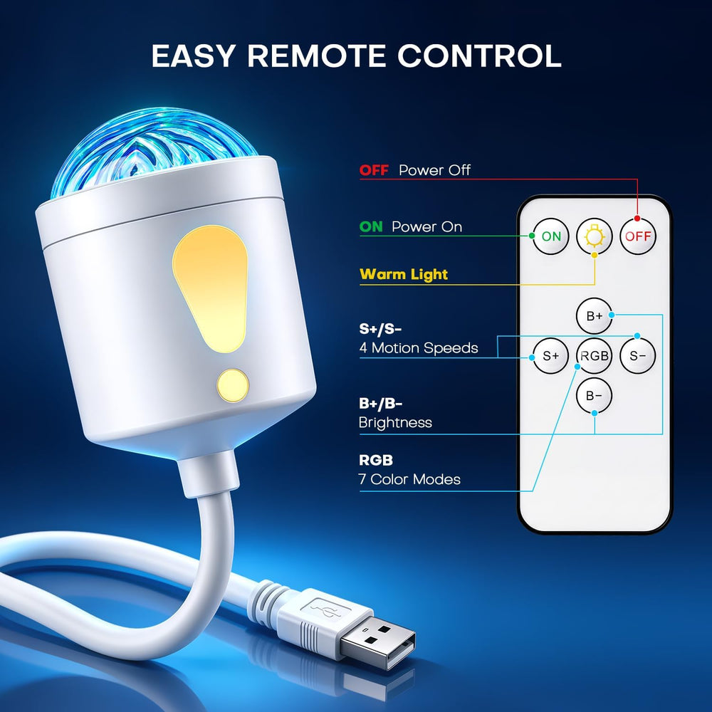 One Fire 2-in-1 USB Aurora Projector with Remote and Night Light, White