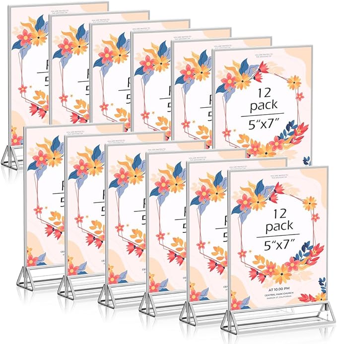 5X7 Acrylic Sign Holder 12 Pack, Double Sided Silver Picture Frames Clear Wedding Table Numbers for Party, Menu, Restaurant, Photo, Office, Hotels, Meetings