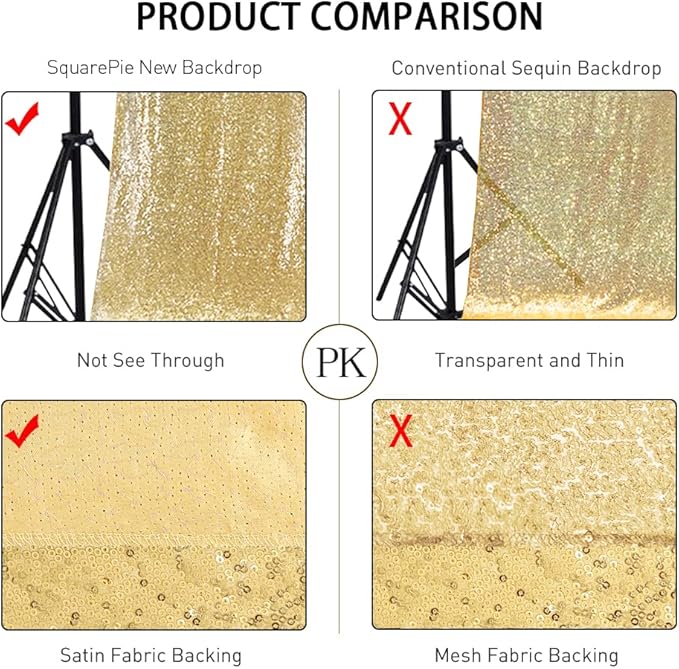 SquarePie Sequin Backdrop Curtain 8FT x 10FT Gold Satin Backing Fabric Photography Background for Wedding Patry 4FT x 10FT 2 Panels (2 PCS)