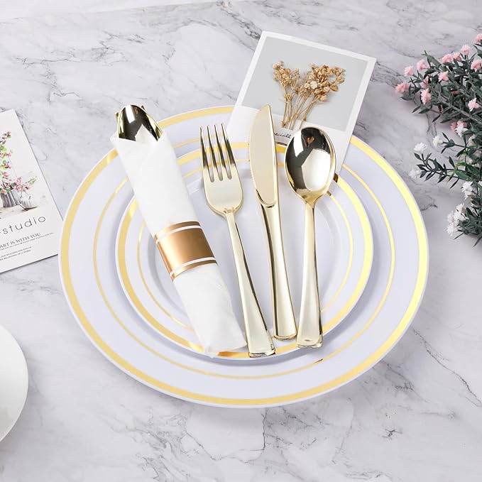 BESTVIP 175PCS Gold Plastic Dinnerware Set, Disposable Party Plates for 25 Guests, Include: 50 Plastic Plates, 25 Pre Rolled Napkins with Gold Silverware, 25 Cups for Christmas, Halloween