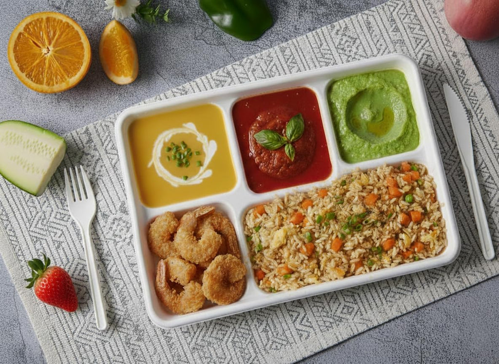 large 5-compartment plate disposable(12.5"x8.5"), 100 plates, disposable paper on a desk or shelf