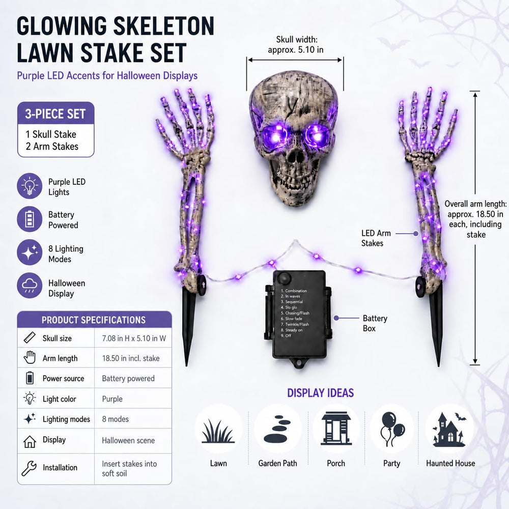 Halloween Decoration Outdoor, 3-Piece Purple LED Skeleton Stake Set