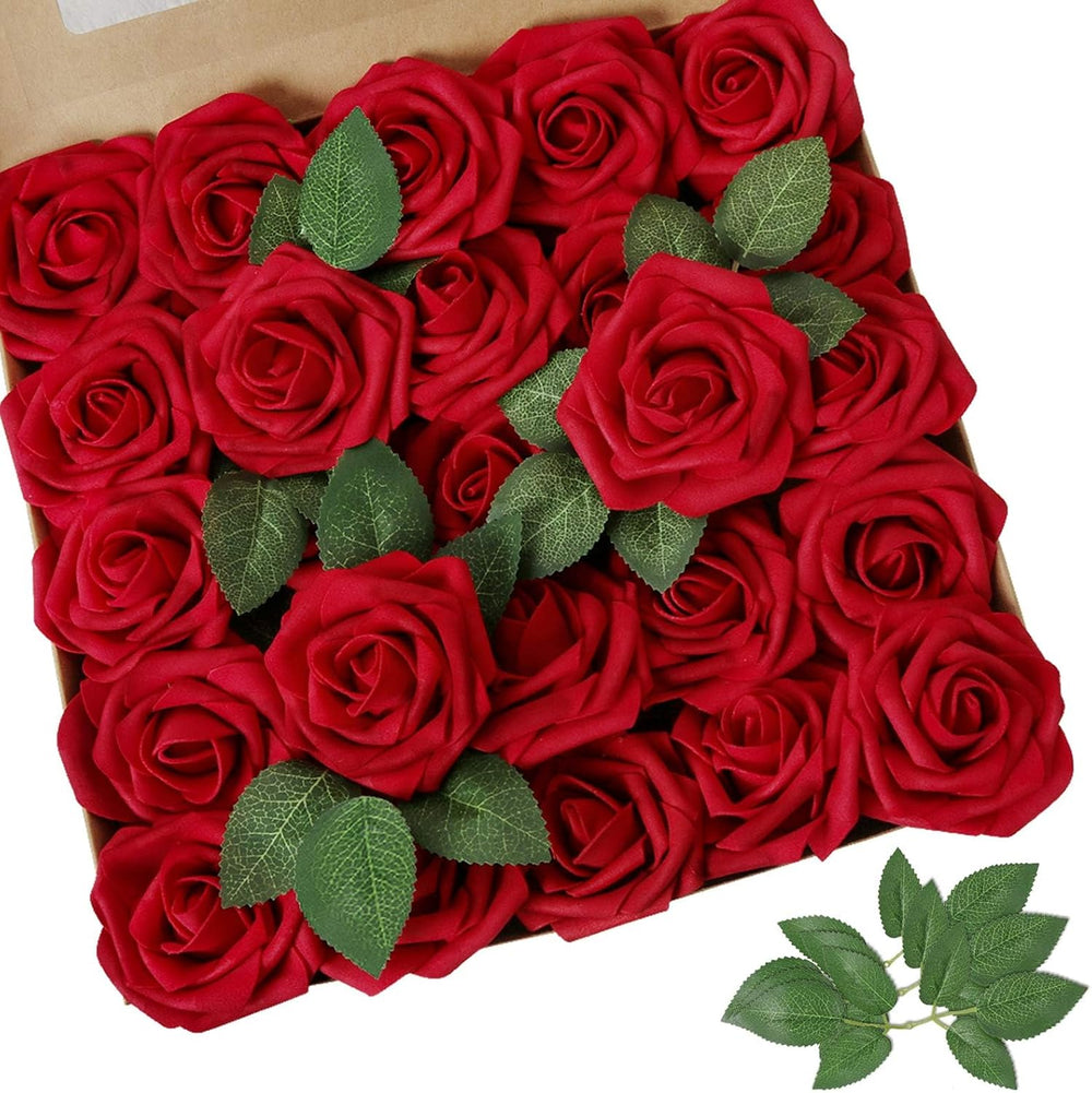 AmyHomie Dark Red Rose 100pcs Real Looking Artificial Flowers w/Stem