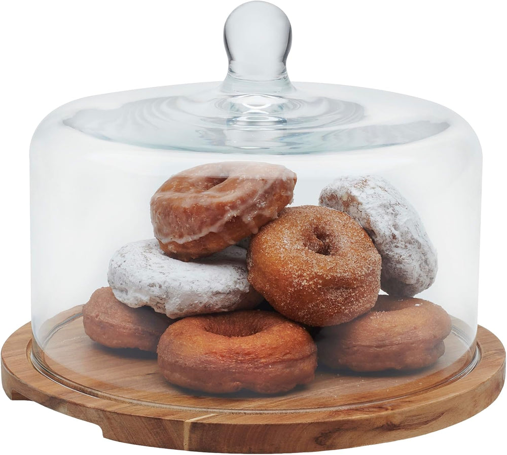 Libbey Acacia Wood Cake Stand with Lid, Ball Top Handle Cake Holder with Lid,...