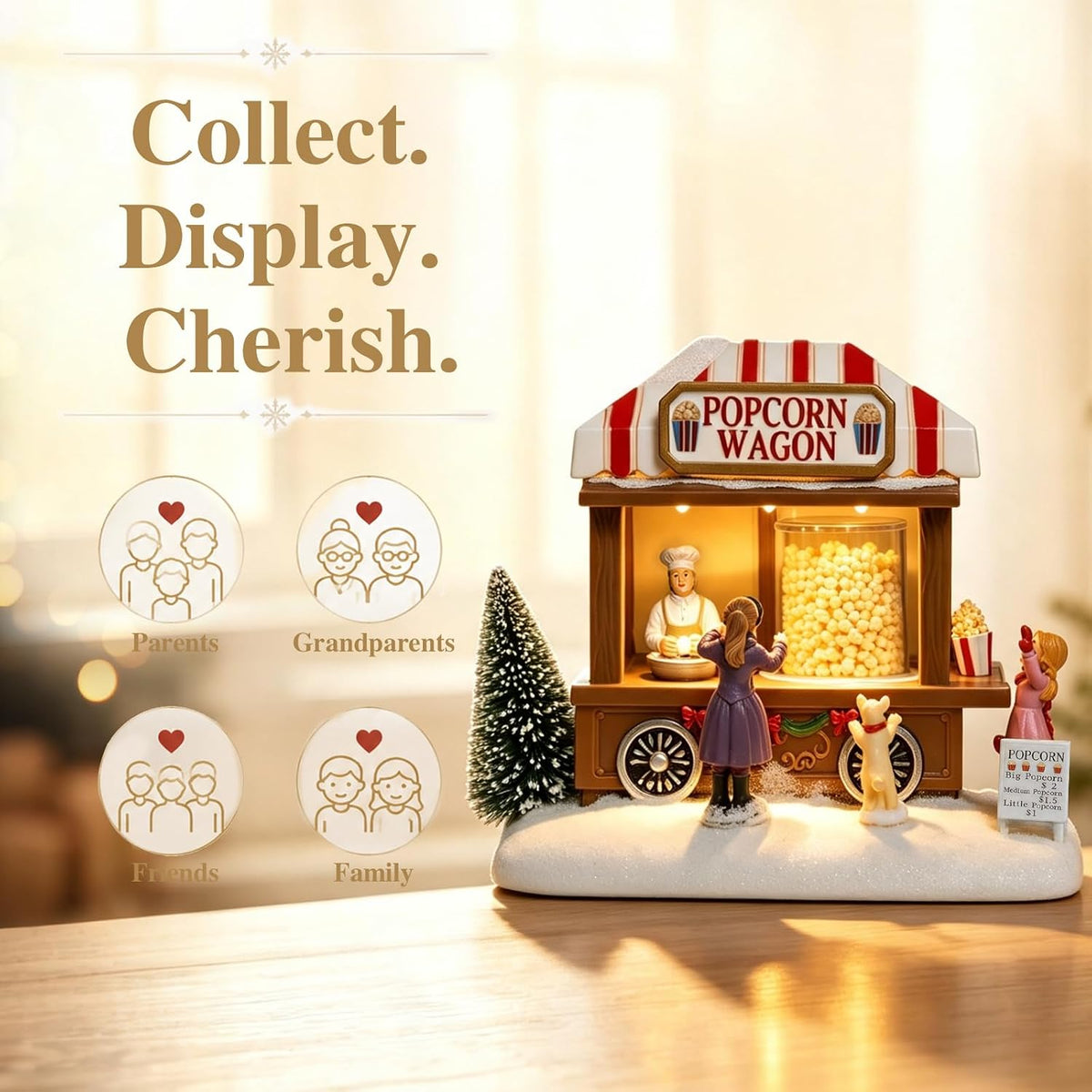 MUMTOP Christmas Village House, Animated Popcorn Wagon with Light and Music