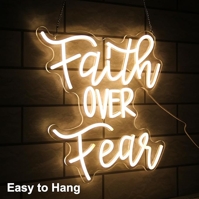 Faith Over Fear Neon Sign Jesus Neon Light Christian LED Signs for Wall Dimmable Warm White Letters Neon Lights Signs for Bedroom Man Cave Classroom Church Decor Christian Religious Sayings
