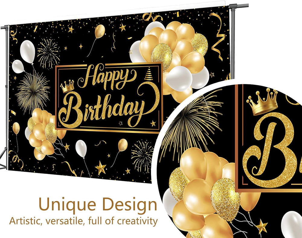 Black and Gold Happy Birthday Party Decoration Backdrop - 10x8ft Golden Ballo...