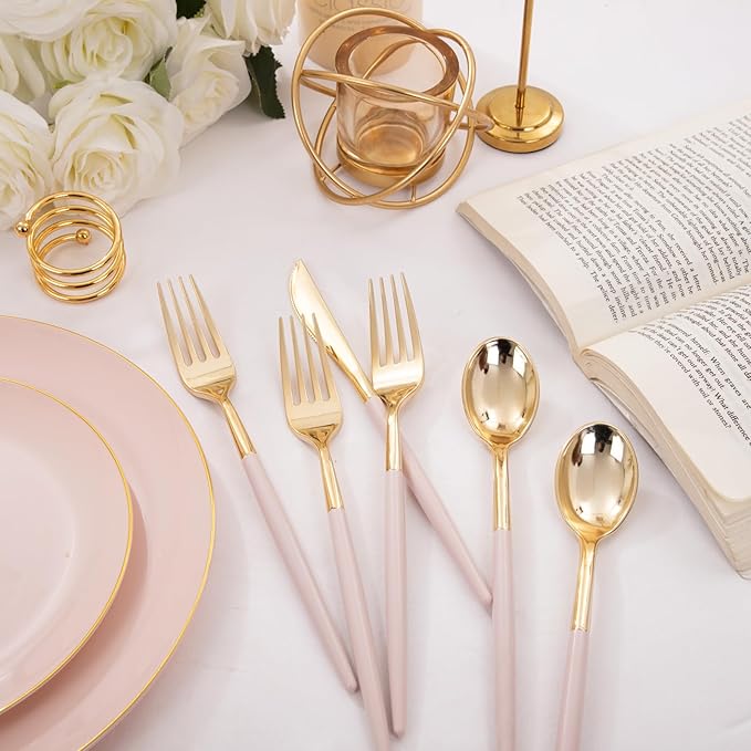 I00000 300 Pack Gold Silverware with Pink Handle, Pink Plastic Utensils Set, Disposable Cutlery include100 Forks, 100 Knives, 100 Spoons,Plastic Cutlery Set for Wedding & Party