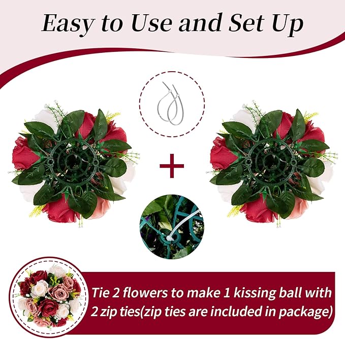 BLOSMON Wedding Flowers Decorations for Table: 6 Pcs Burgundy & Dusty Rose & Creamy White Fake Rose Flowers Balls Centerpieces- Artificial Silk Kissing Floral Arrangements Home Party DIY Decoration