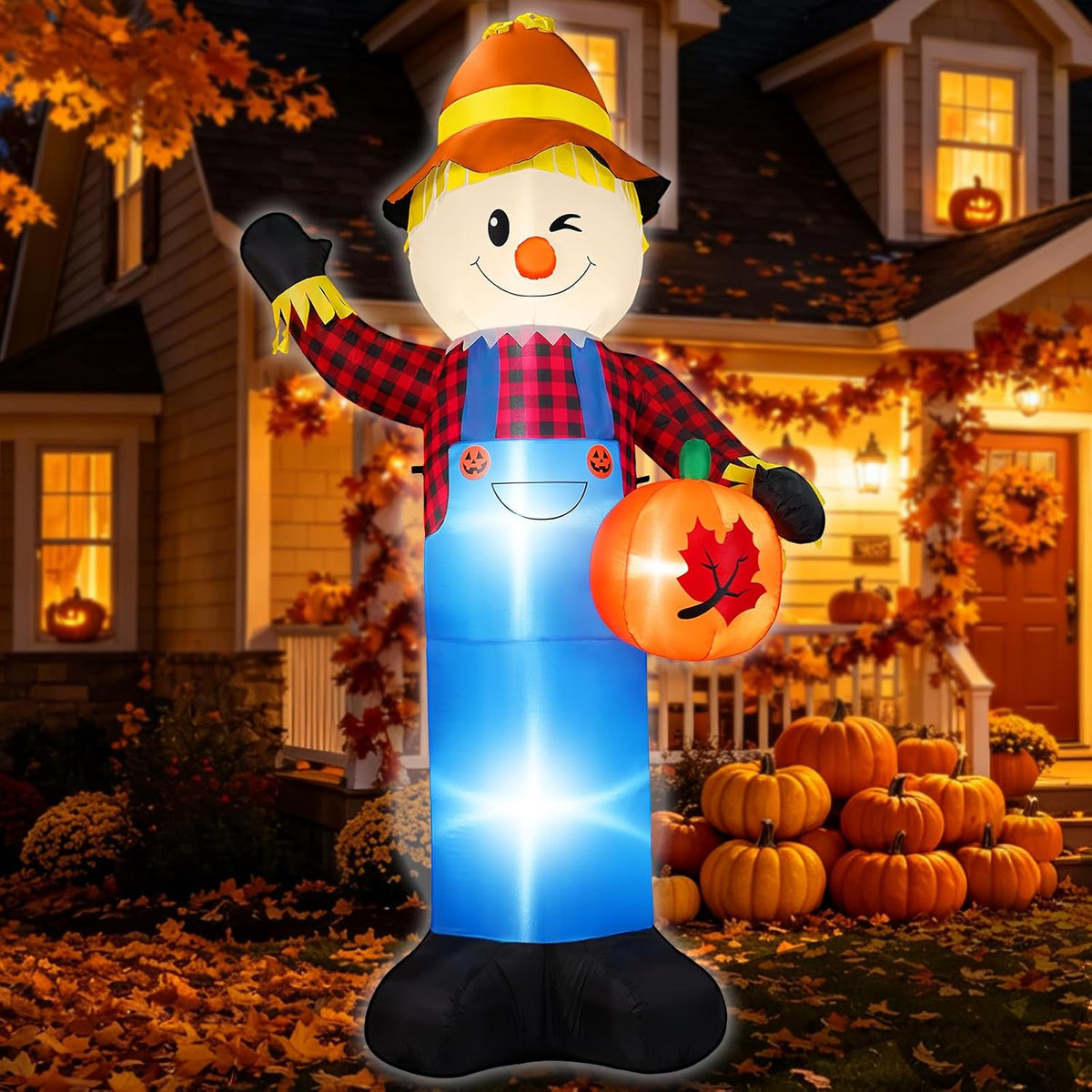 8FT Fall Inflatables Outdoor Giant Scarecrow Blow Up Yard Decoration with Pumpkin & Built-in Bright LED Lights, Outdoor Harvest Thanksgiving Decor for Lawn, Garden & Porch