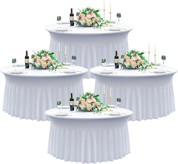 4 pk White Round Spandex Tablecloth for 60in Tables, Wrinkle Free Stretchy 120inch Fitted 5FT Table Cloths Round Table Covers with Skirt for Wedding Party Dining Banquet Events