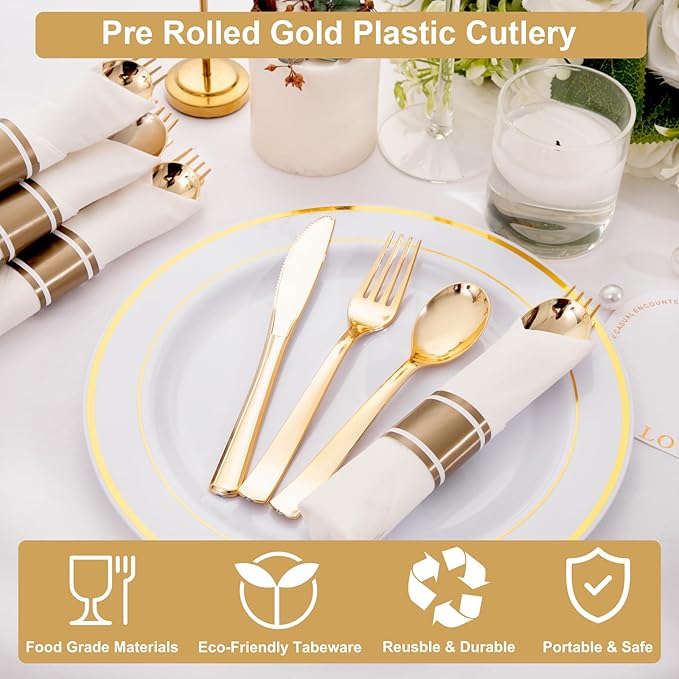 50Guests Pre Rolled Gold Plastic Silverware Sets - Heavy Duty Gold Cutlery - Include 50 Pack Wrapped Disposable Utensils with Napkins for Parties, Dinners & Weddings