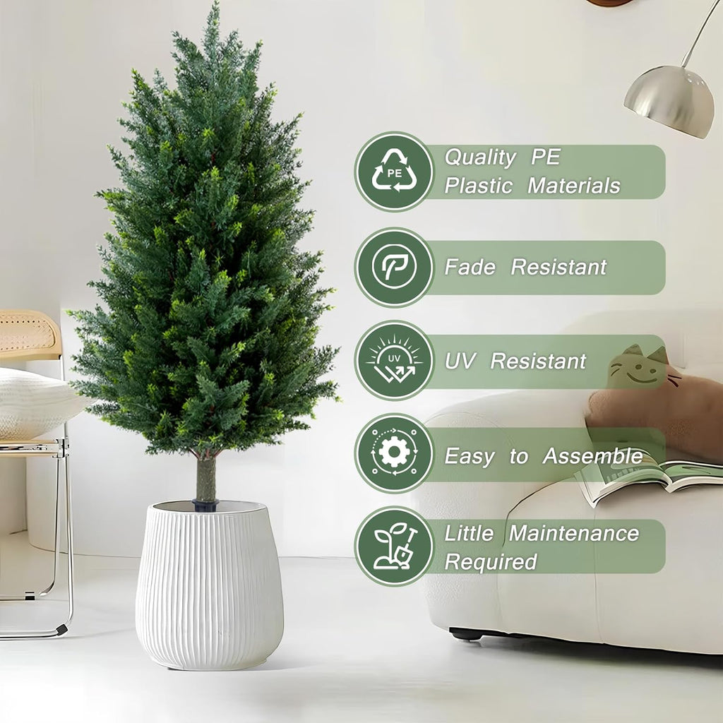 Set of 2 Artificial Cedar Topiary Christmas Trees, 3FT UV-Resistant Faux Cypress Shrubs with Ground Spikes — Tall Evergreen Decorative Plants for Outdoor and Indoor Porch, Patio, and Garden