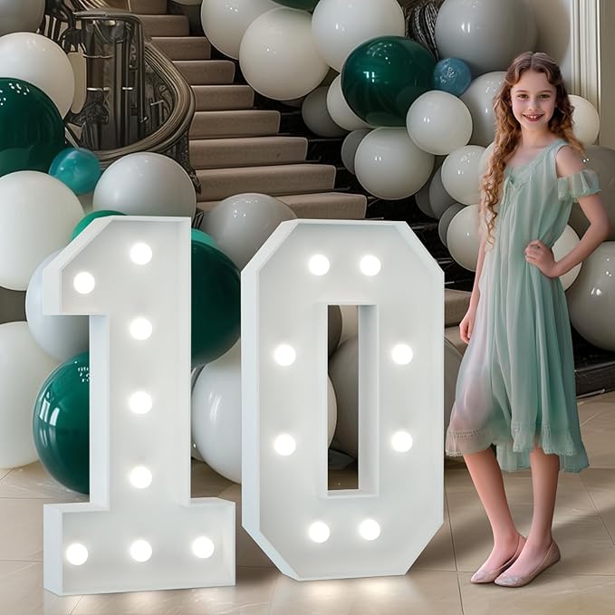 Marquee Numbers 3 Feet Tall Big Light Up Numbers 10th Happy Birthday Decorations Girl Boy White Anniversary Party Decor Large Cardboard Prop Backdrop Sign 10
