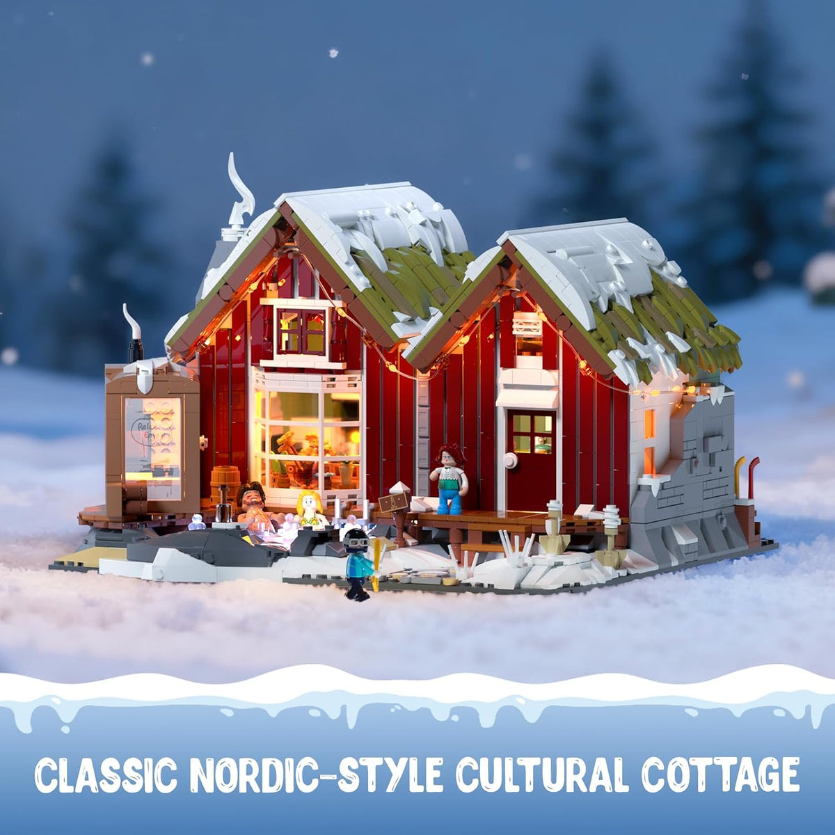 LUMIBRICKS Spa-Cabin Winter Lighting-Building-Bricks Set - 2235 Pcs Christmas House Winter Lodge LED Light Construction Building Christmas Village Model Set for Adults and Families