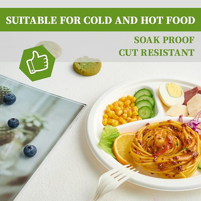 ECOLipak 150 Pack Compostable 3 Compartment Plates, Heavy-Duty Disposable Biodegradable Paper Plates, 8.85 inch Eco-Friendly Sugarcane Bagasse Divided Plates for Dinner