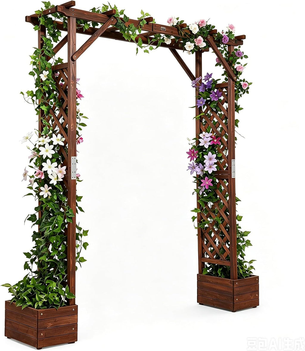 VINGLI Wooden Garden Arbor with Planter, Wedding Arch for Ceremony, Wood Garden Arbour Trellis for Plant Climbing, Pergola for Garden Backyard, Lawn, Outdoor (Dark Brown)