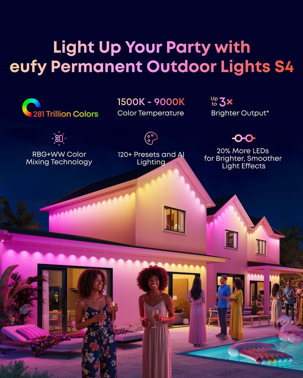 eufy Permanent Outdoor Lights S4, 100ft with 72 RGBWW LED String Lights