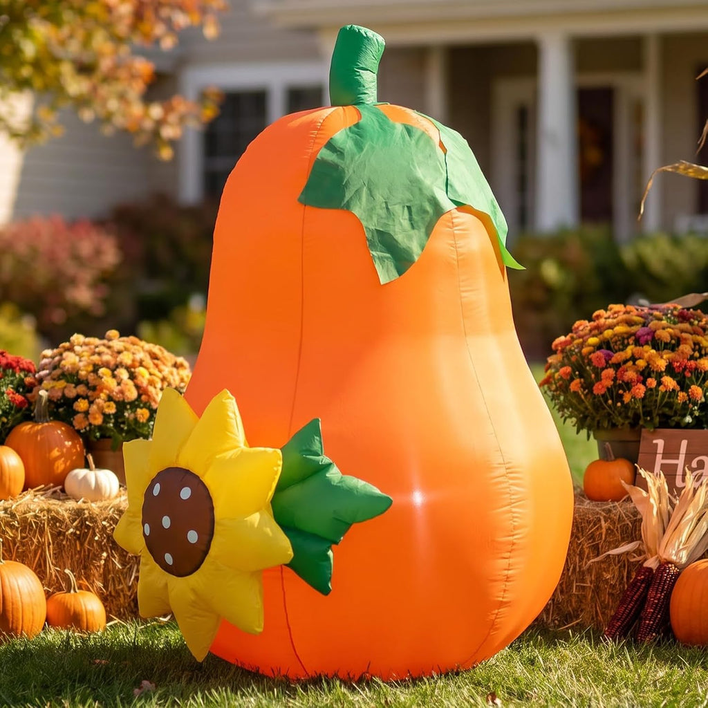 4FT Fall Harvest Inflatable Pear‑Shaped Pumpkin with Sunflower & LED