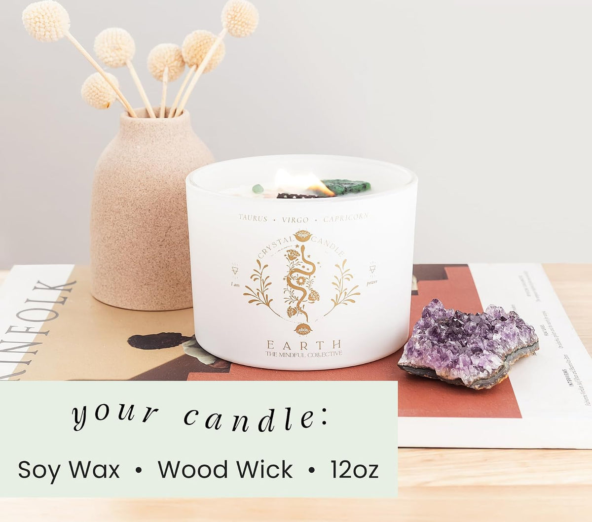 Taurus, Virgo, Capricorn Gifts for Women, Wood Wick Crystal Soy Candle