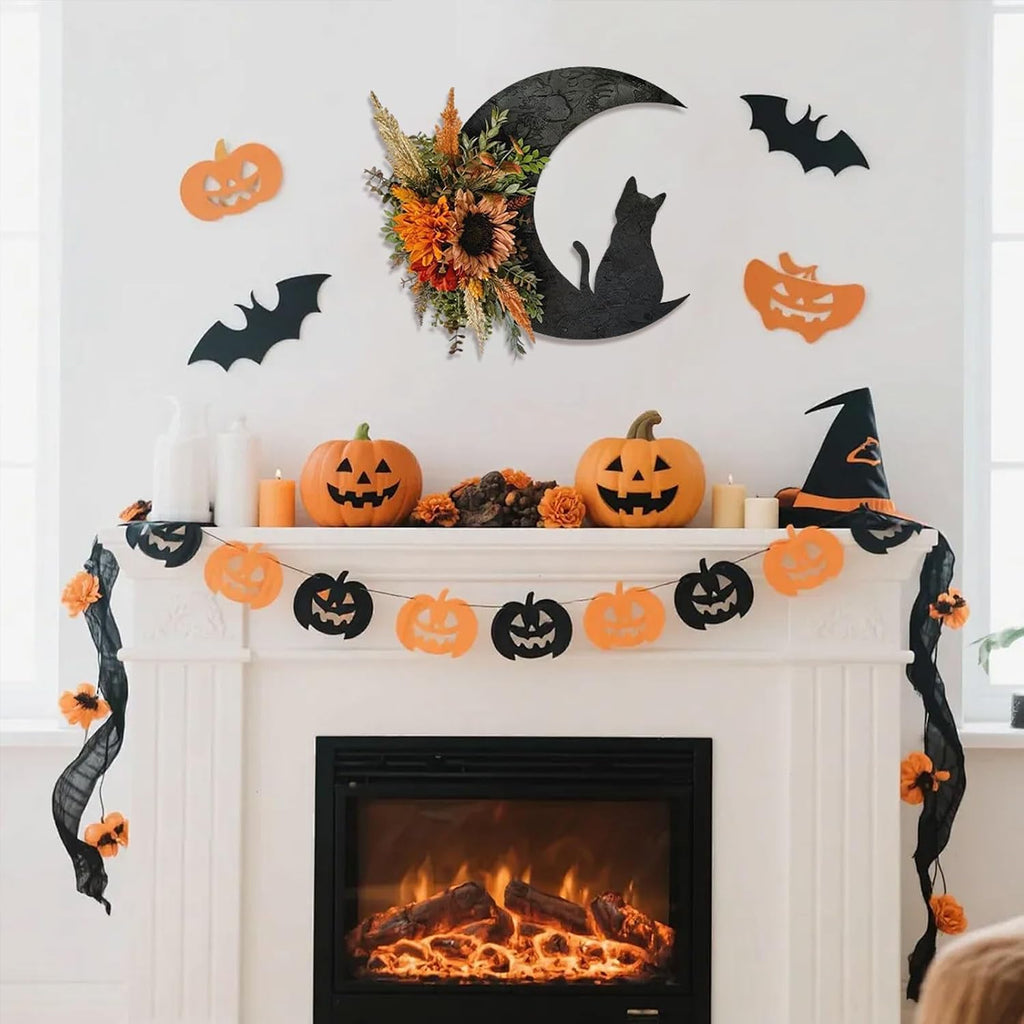 halloween wreath, cat moon decor, fall door hanger showing dimensions