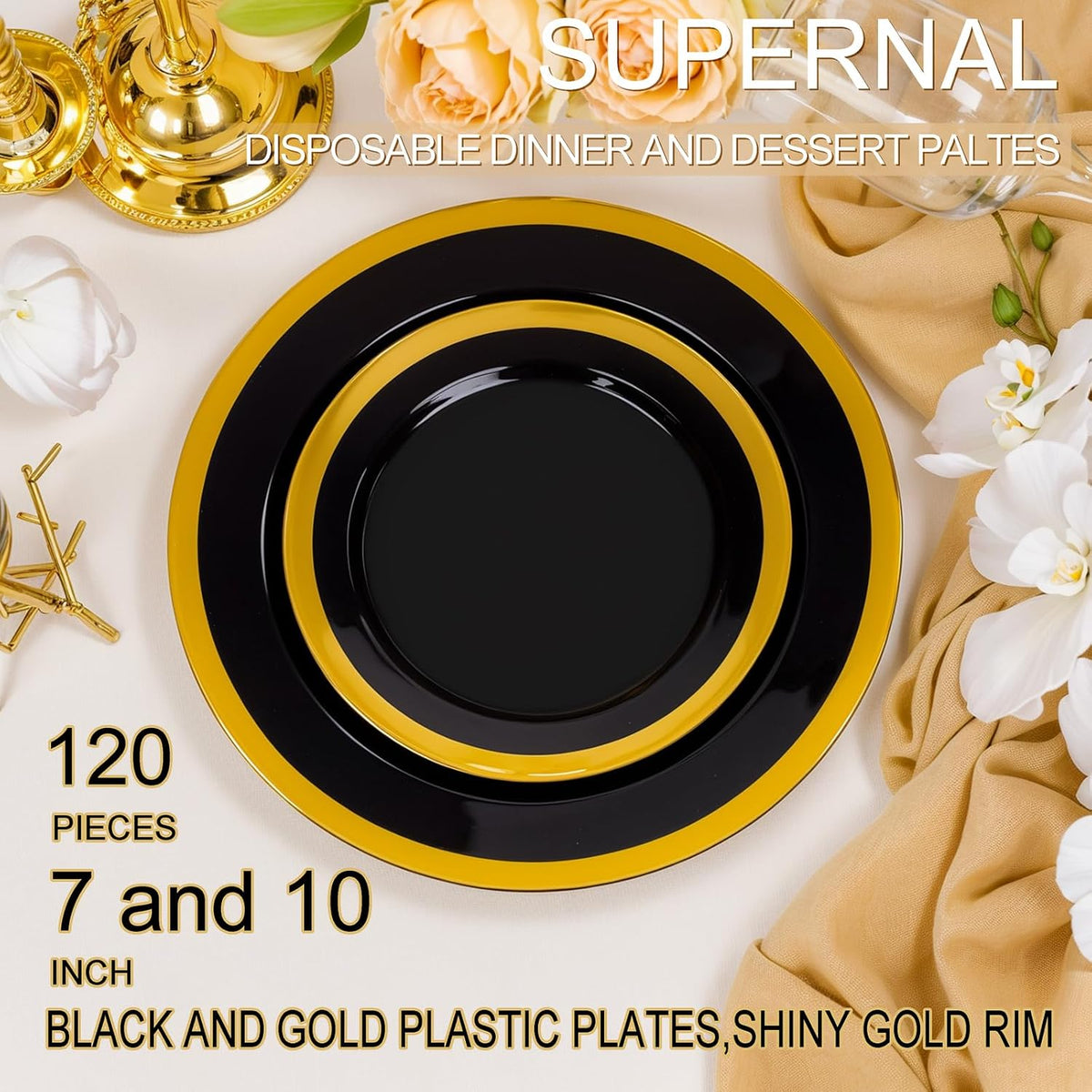 supernal 120-Pack Black and Gold Plastic Plates, 60 Guests Disposable Dinnerware Set (10.25" & 7.5"), Heavy Duty Elegant Party Plates for Graduation 2026, Wedding & Birthday