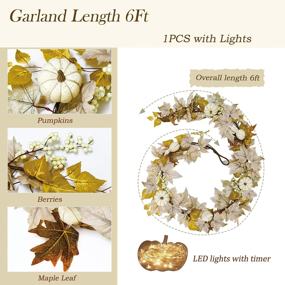 6Ft Fall Decorations for Home Fall Garland with Lights Fake Pumpkin Berry