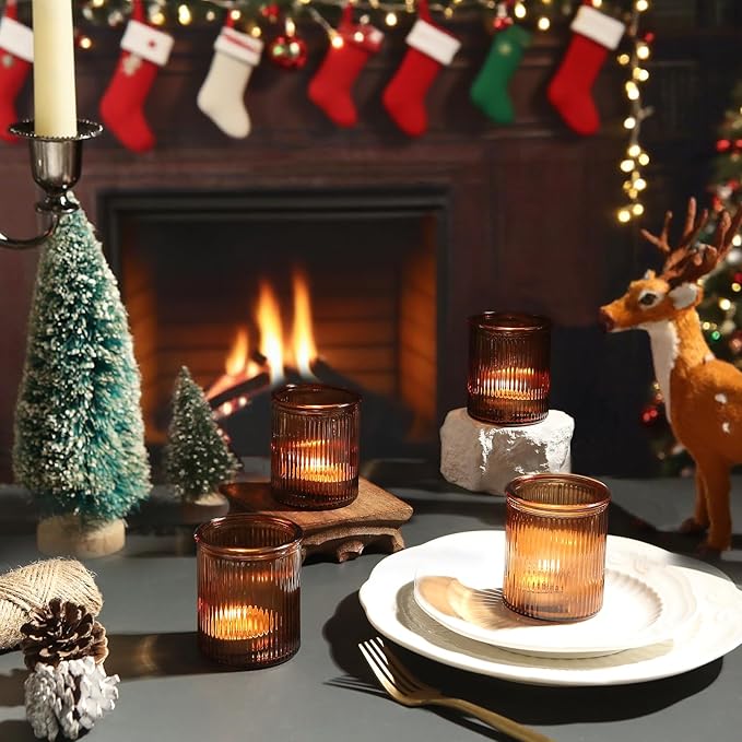 36pcs Amber Votive Candle Holders - Fall Decor, Ribbed Glass Tea Light Candle Holder, Candle Votives for Wedding Centerpiece & Home Decor