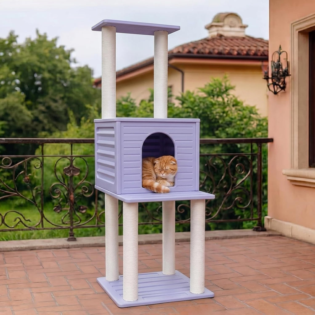 61in Weatherproof Large Cat Condo with Scratch Post for Indoor&Outdoor Cats