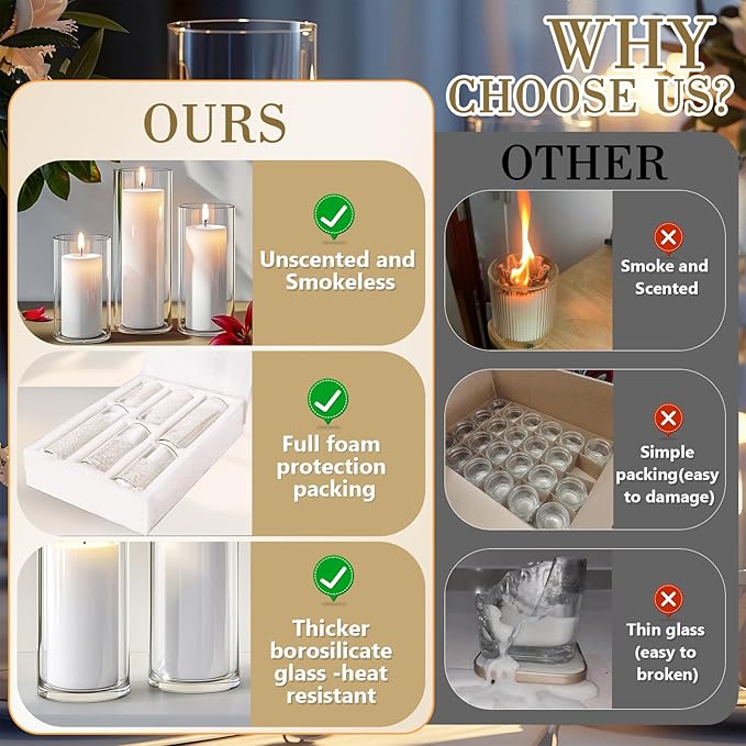 36 PCS Ivory White Pillar Candles with Glass Candle Holders Clear Hurricane Candle Holders Glass Cylinder Vases for Centerpieces Wedding Party, Event, Home Office (18 Candles+18 Candle Hoders)