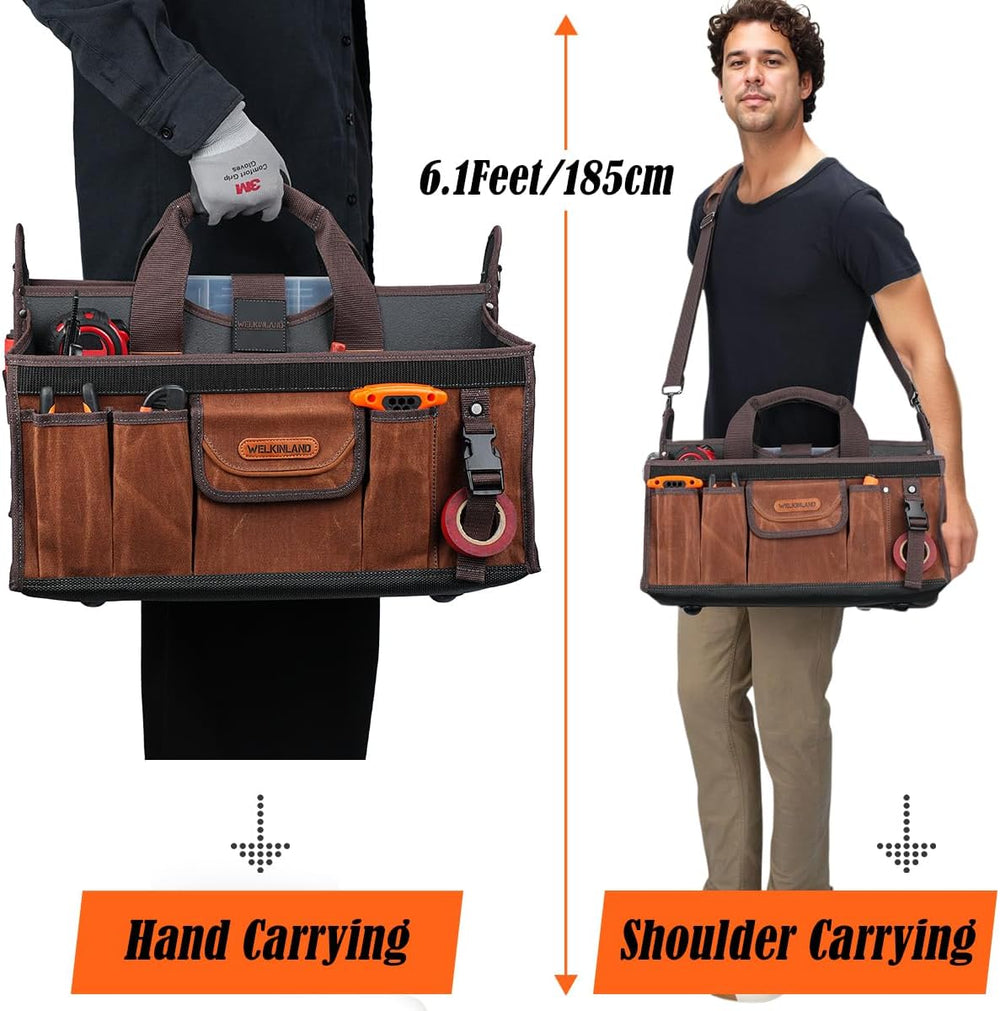 WELKINLAND 21-Pockets Waxed Canvas Tool Tote, 18-Inch Electrician Tool Bag