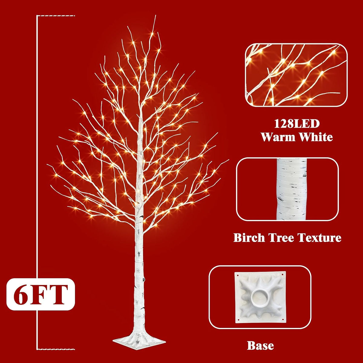 PABIPABI Birch Tree with LED Lights, 6ft Lighted Christmas Trees Outdoor