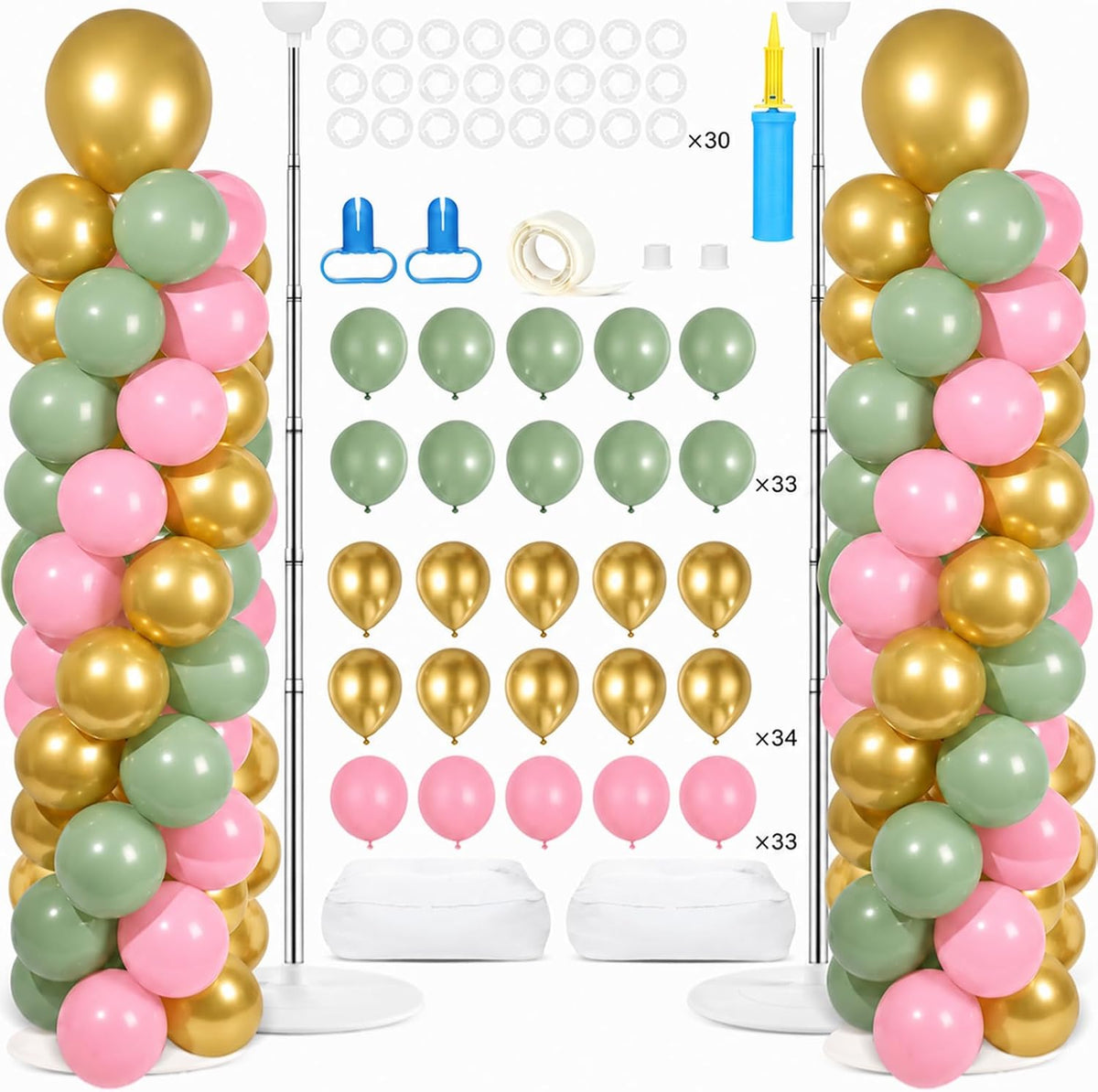 2 Sets Adjustable Balloon Column Stand Kit with Bases（Sage Green Pink Gold）