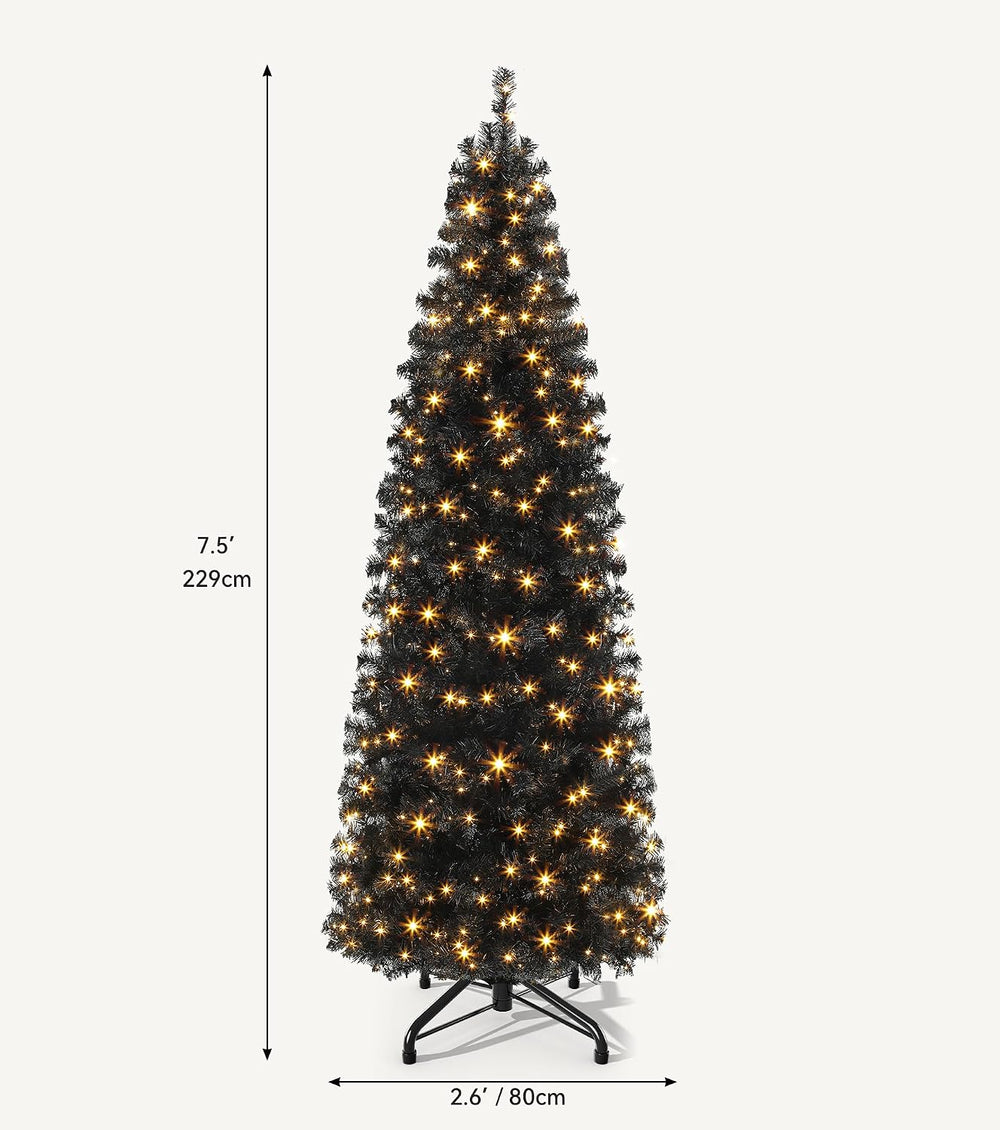 DWVO 7.5FT Pre-Lit Blck Pencil Christmas Tree with 350 Dual-Color LEDs