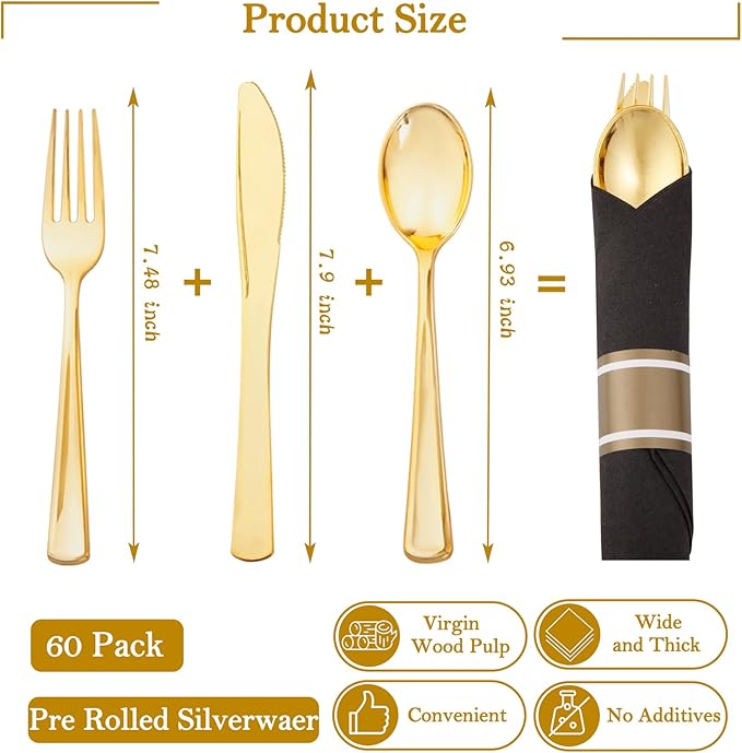 Supernal 60 Pack Gold Silverware, Rolled, Pre Wrapped with Black Napkins, Heavy Duty Plastic Cutlery, Forks and Spoons
