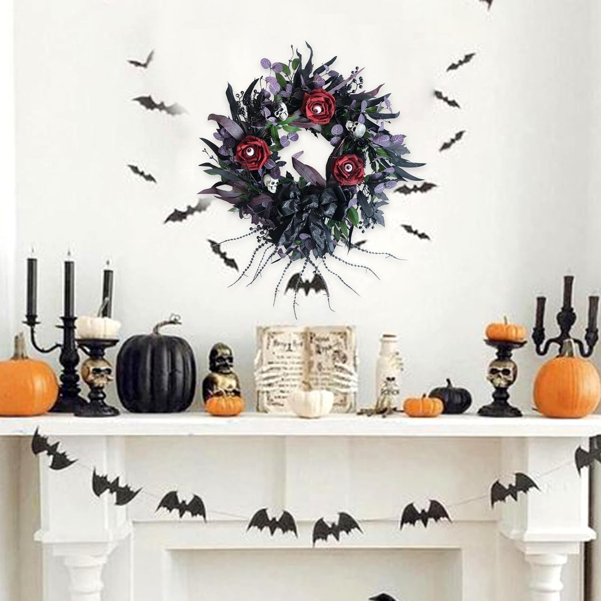 22 inch halloween wreath with black roses skeleton, close-up detail