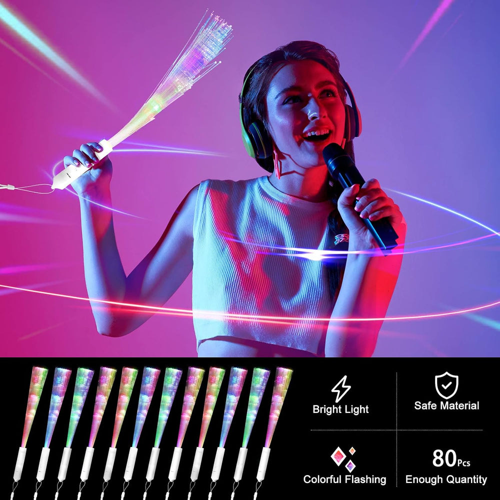 Vinsot 80 Pcs LED Fiber Optic Glow Wands with Batteries, White Handle