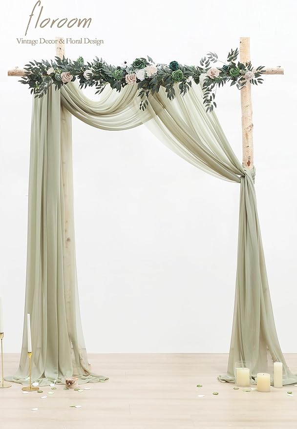 Floroom Wedding Arch Draping Fabric 2 Panels 20Ft Sage Green Chiffon Fabric Drapes Arbor Drapery Wedding Ceremony Reception Swag Decorations