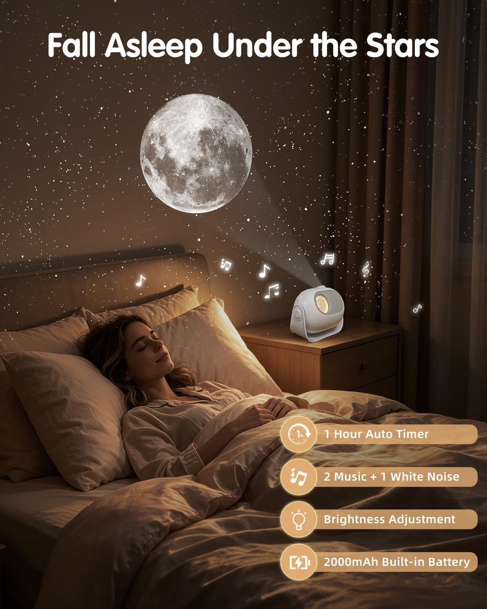 Galaxy Star Projector with Dynamic Lunar Eclipse, White Noise Night Light