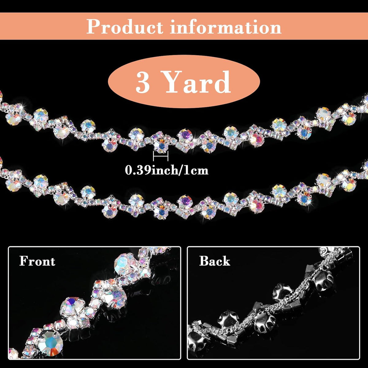 kigeli rhinestone trim crystal chain sew on for, side view