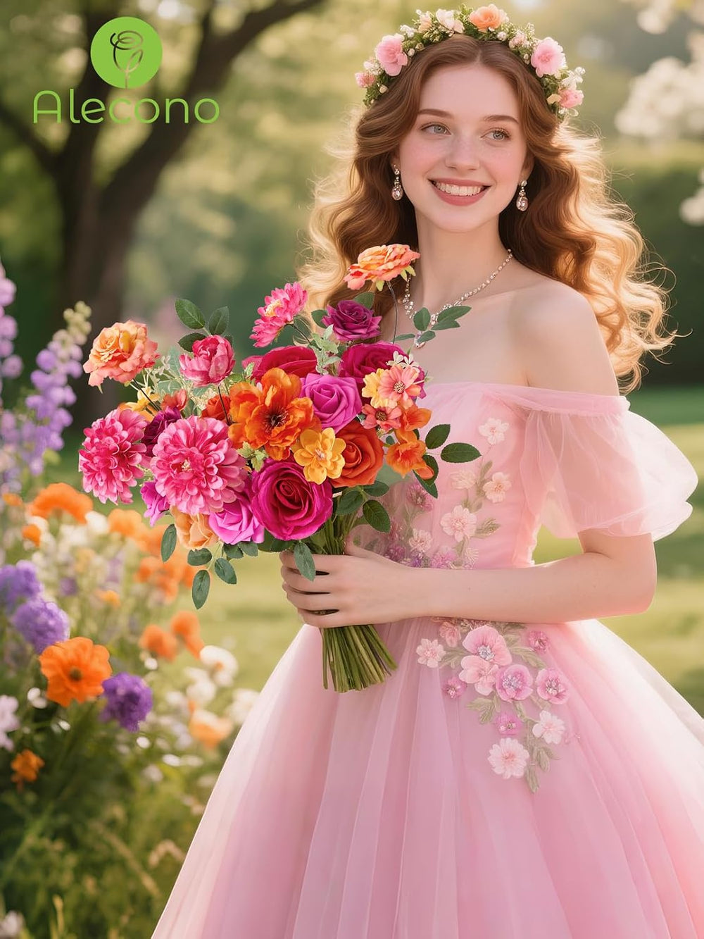 Alecono Orange and Hot Pink Artificial Flowers, Silk Fake Floral Set