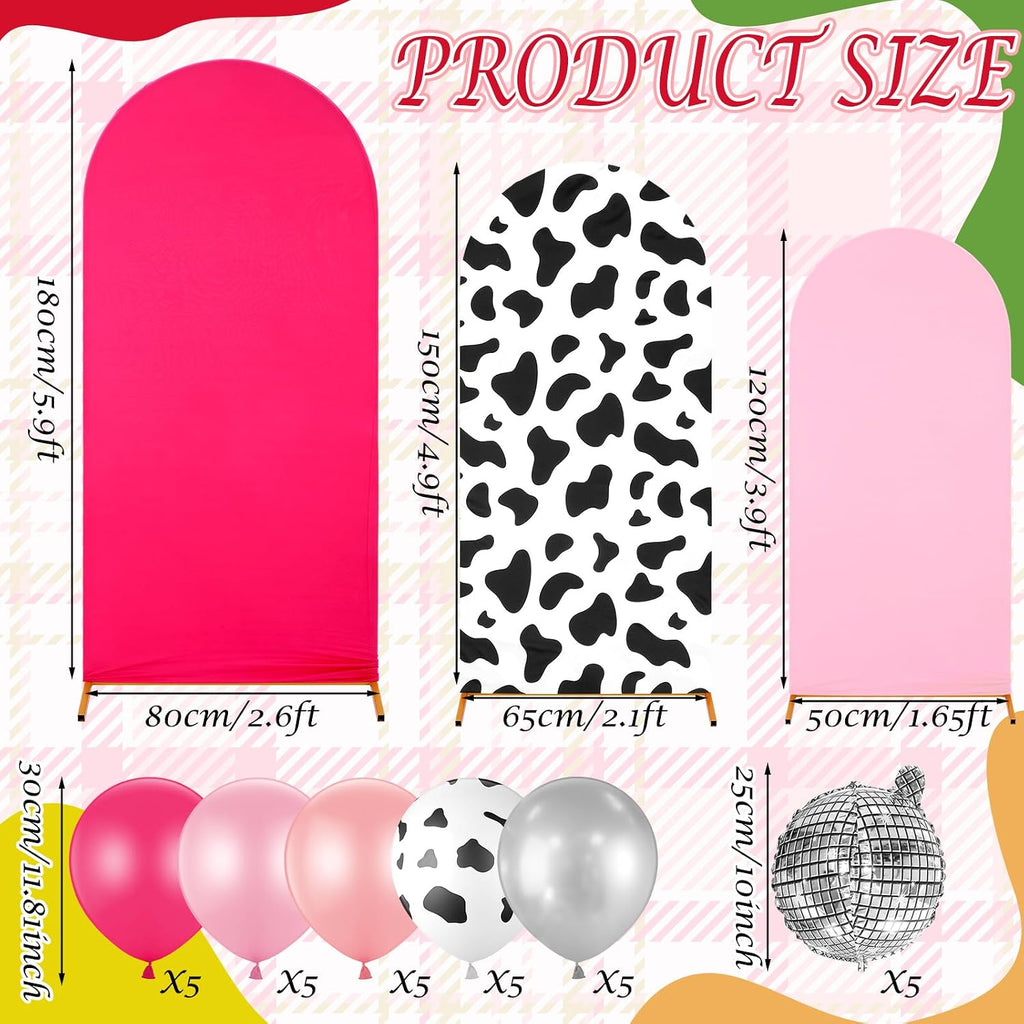 Foilswirl 34 Pieces Disco Cowgirl Party Decorations Cowgirl Arch Covers 4ft 5ft 6ft Pink Spandex Backdrop Covers Hot Pink Silver Balloon Disco Foil Balloons for Birthday Bachelorette Wedding Party