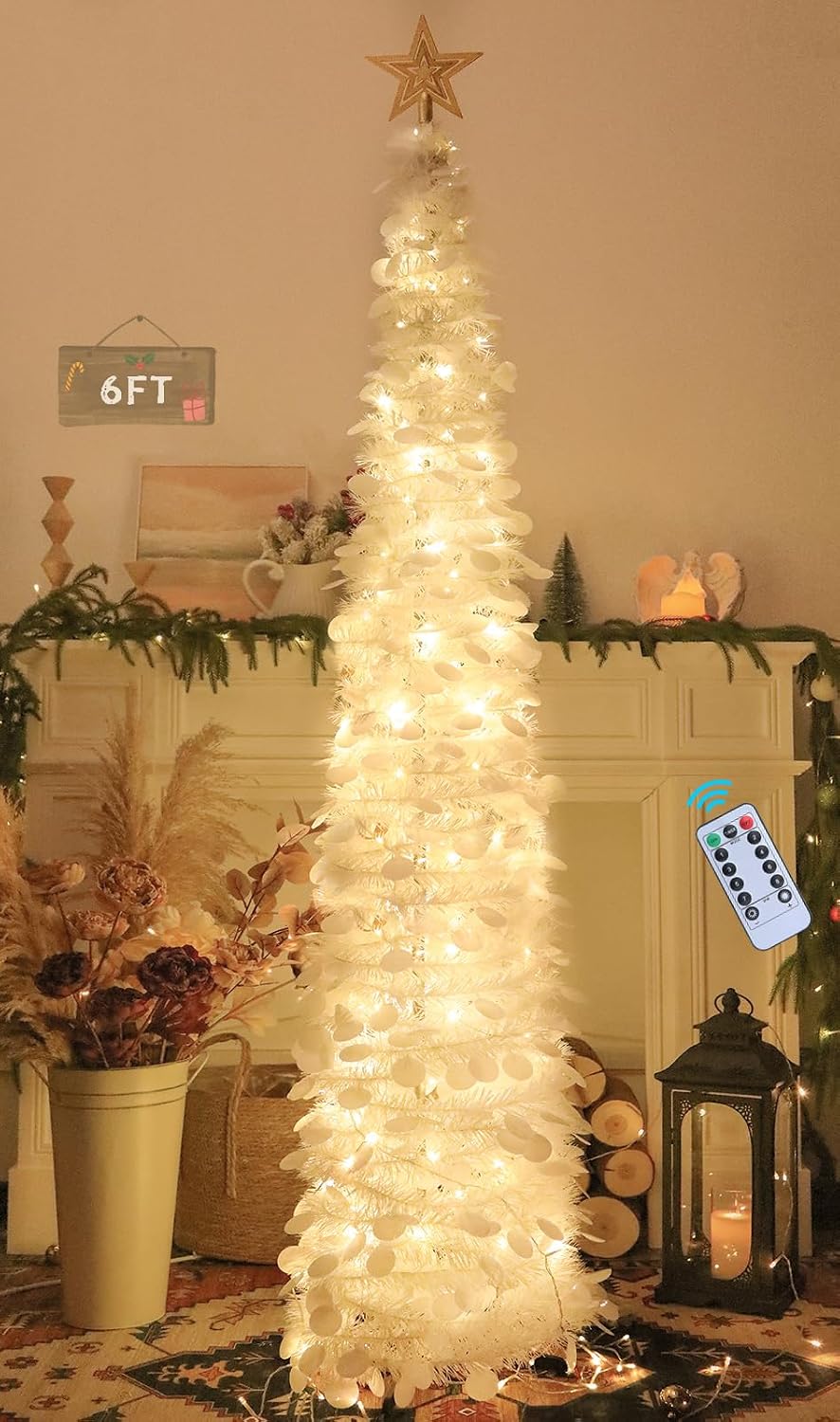 HMASYO 6 FT Pop Up Christmas Tree with 100 LED Timer Lights & Remote, White Christmas Tinsel Tree, Collapsible Artificial Pencil Tree for Home Office Party Decor, USB Powered, Easy Assembly