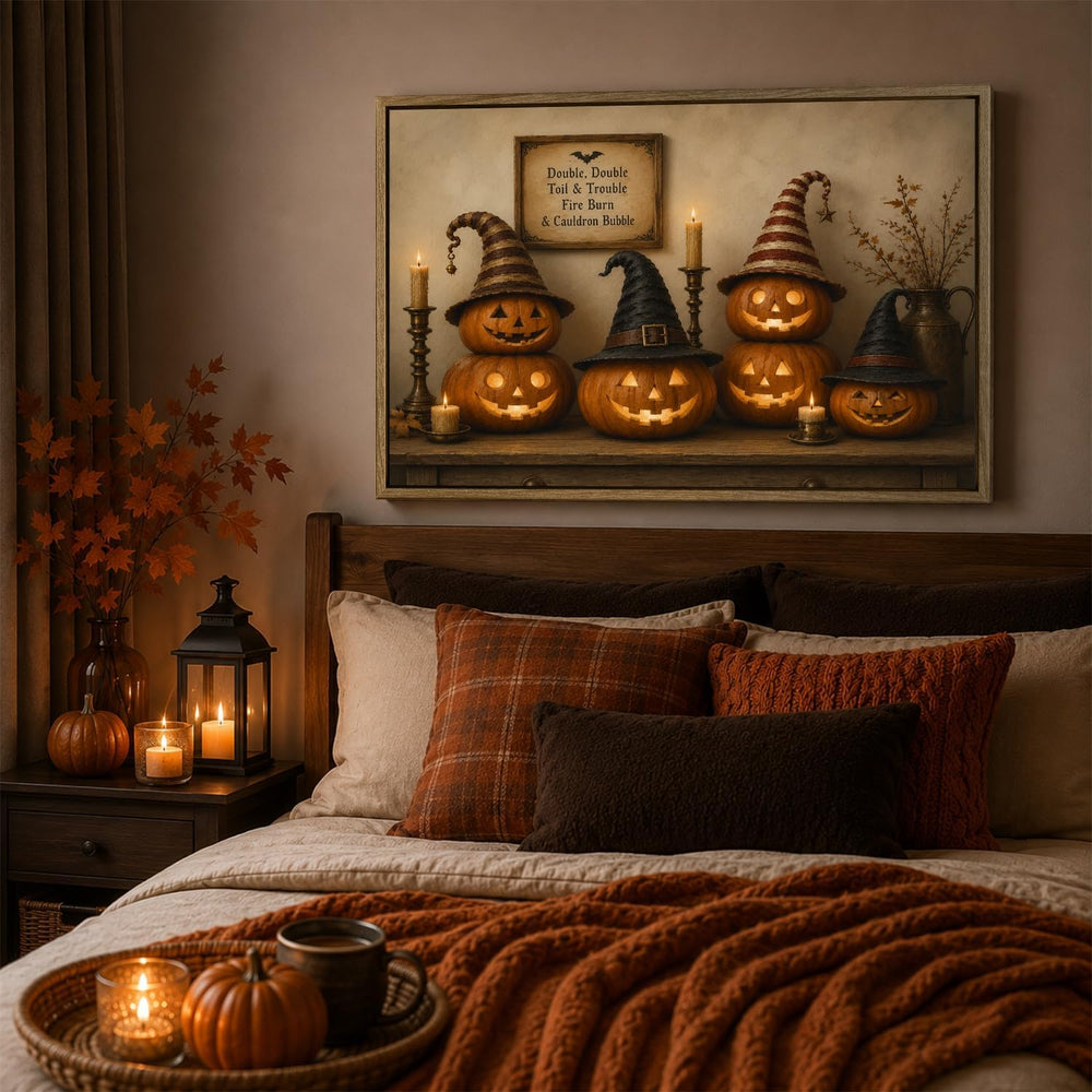 Halloween Framed Canvas Wall Art, Pumpkin and Witch Hats Halloween Pictures