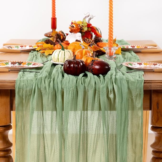 Sage Green Cheesecloth Table Runner 10 Pack Fall Table Runners Boho Gauze 120 Inches Sage Cheese Cloth Fall Table Decorations for Thanksgiving Wedding Bridal Baby Shower Tea Party