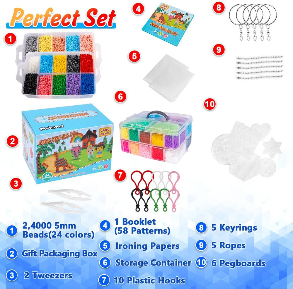 Meland Fuse Beads Kit, 5MM 24000 Beads in 24 Colors,Craft Gift for Age 5-12