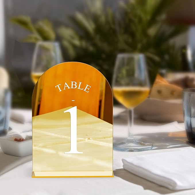 JOYIT Arch Wedding Table Numbers 1-10 with Stands – 5" X 7" Acrylic Mirrored Gold Table Number Holders, Perfect for Wedding Receptions, Parties, Anniversaries, and Events