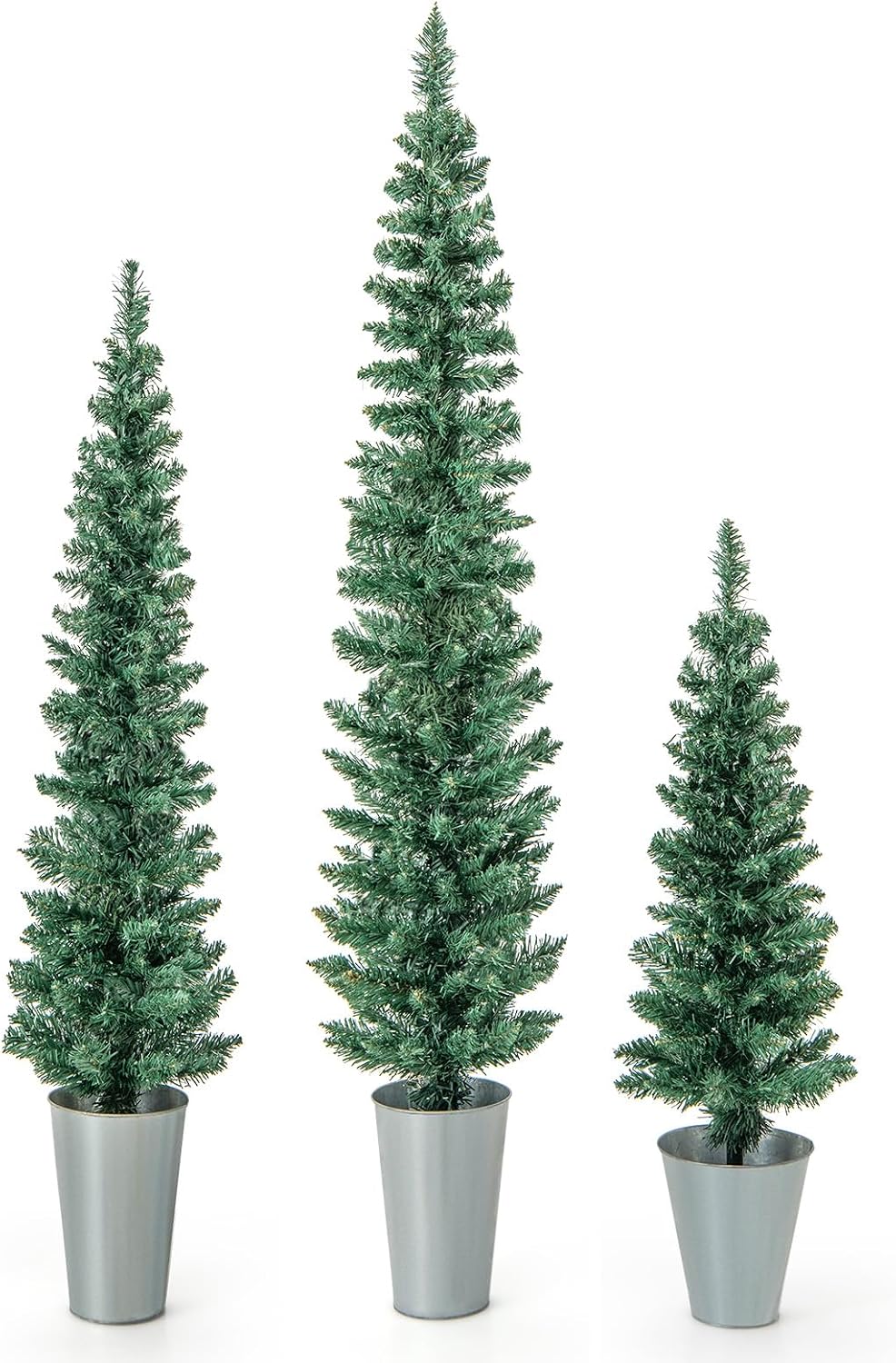 Goplus Set of 3 Artificial Christmas Tree, 3' 4' 5' Slim Pencil Xmas Tree with Silver Metal Buckets, Faux Potted Christmas Trees for Front Porch Entrance Indoor Festive Holiday Party Office Home Decor