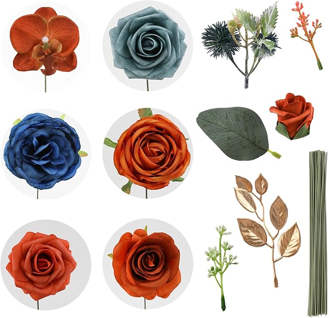 Artificial Flowers Combo for DIY Wedding Bouquets Combo Centerpieces Arrangements Party Bridal Baby Shower Home Decorations-Teal&Terracotta